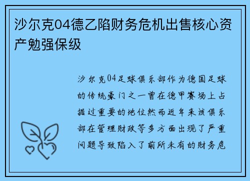 沙尔克04德乙陷财务危机出售核心资产勉强保级